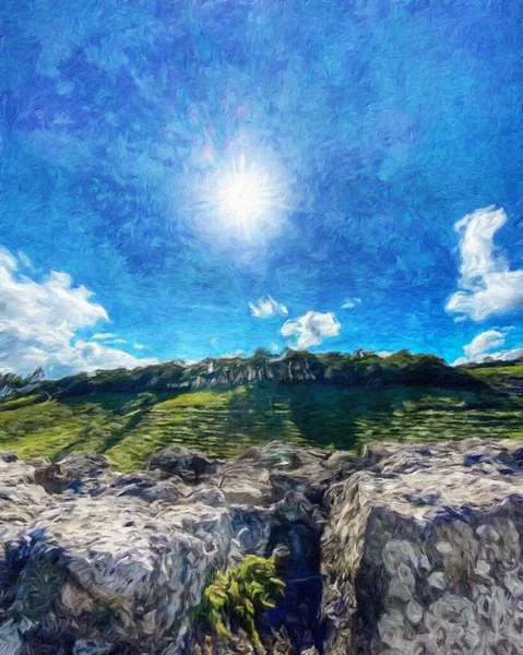 Acquerello Pastello Disegno Natura Paesaggio Viaggi Tropicali Luogo Turistico Seychelles — Foto Stock