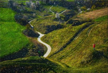 Suluboya ve yağlı boya doğa manzarası, ünlü seyahat ve turistik yer, poster, kağıt, tekstil veya tuval için açık hava tatil eğilimi. Modern sanat tasarımı duvar kağıdı. Duvar resimleri