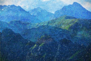 Suluboya ve yağlı boya doğa manzarası, ünlü seyahat ve turistik yer, poster, kağıt, tekstil veya tuval için açık hava tatil eğilimi. Modern sanat tasarımı duvar kağıdı. Duvar resimleri