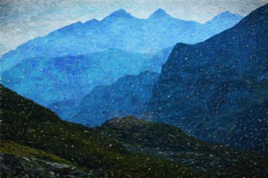 Suluboya ve yağlı boya doğa manzarası, ünlü seyahat ve turistik yer, poster, kağıt, tekstil veya tuval için açık hava tatil eğilimi. Modern sanat tasarımı duvar kağıdı. Duvar resimleri