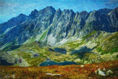 Suluboya ve yağlı boya doğa manzarası, ünlü seyahat ve turistik yer, poster, kağıt, tekstil veya tuval için açık hava tatil eğilimi. Modern sanat tasarımı duvar kağıdı. Duvar resimleri