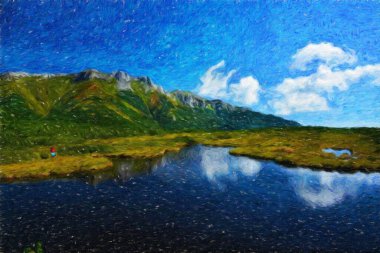 Suluboya ve yağlı boya doğa manzarası, ünlü seyahat ve turistik yer, poster, kağıt, tekstil veya tuval için açık hava tatil eğilimi. Modern sanat tasarımı duvar kağıdı. Duvar resimleri