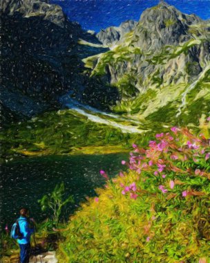 Suluboya ve yağlı boya doğa manzarası, ünlü seyahat ve turistik yer, poster, kağıt, tekstil veya tuval için açık hava tatil eğilimi. Modern sanat tasarımı duvar kağıdı. Duvar resimleri