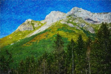 Suluboya ve yağlı boya doğa manzarası, ünlü seyahat ve turistik yer, poster, kağıt, tekstil veya tuval için açık hava tatil eğilimi. Modern sanat tasarımı duvar kağıdı. Duvar resimleri