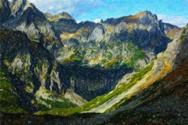 Suluboya ve yağlı boya doğa manzarası, ünlü seyahat ve turistik yer, poster, kağıt, tekstil veya tuval için açık hava tatil eğilimi. Modern sanat tasarımı duvar kağıdı. Duvar resimleri