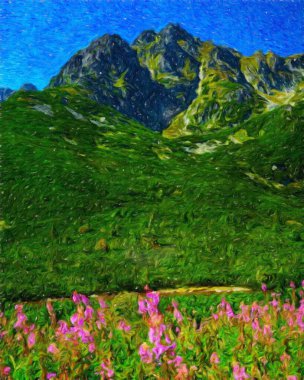 Suluboya ve yağlı boya doğa manzarası, ünlü seyahat ve turistik yer, poster, kağıt, tekstil veya tuval için açık hava tatil eğilimi. Modern sanat tasarımı duvar kağıdı. Duvar resimleri