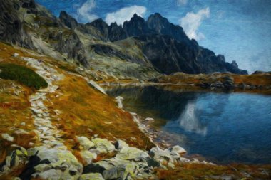 Suluboya ve yağlı boya doğa manzarası, ünlü seyahat ve turistik yer, poster, kağıt, tekstil veya tuval için açık hava tatil eğilimi. Modern sanat tasarımı duvar kağıdı. Duvar resimleri