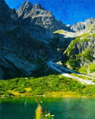 Suluboya ve yağlı boya doğa manzarası, ünlü seyahat ve turistik yer, poster, kağıt, tekstil veya tuval için açık hava tatil eğilimi. Modern sanat tasarımı duvar kağıdı. Duvar resimleri