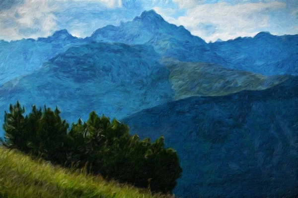 Suluboya ve yağlı boya doğa manzarası, ünlü seyahat ve turistik yer, poster, kağıt, tekstil veya tuval için açık hava tatil eğilimi. Modern sanat tasarımı duvar kağıdı. Duvar resimleri