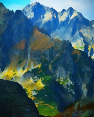 Suluboya ve yağlı boya doğa manzarası, ünlü seyahat ve turistik yer, poster, kağıt, tekstil veya tuval için açık hava tatil eğilimi. Modern sanat tasarımı duvar kağıdı. Duvar resimleri