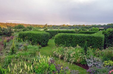 Haziran 'da gün batımında resmi çitlerle, doğal ekimle ve süs otlarıyla birlikte bahçeyi seyret.