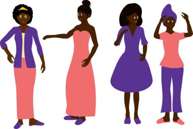 Siyahi kadın çeşitliliği siyah düz resimli esmer kadın siyah elbiseli Afro-Amerikan siyah kadın pembe elbise giyiyor.