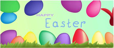 Pazar ayini için mutlu Paskalya bayrağı tam renkli Paskalya yumurtası ve çocuklar el yazısıyla kırmızı, mavi, yeşil yeşil çimenler.