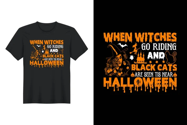 Witches Riding Black Cats Seen Tis Halloween Halloween Shirt Design —  Vetores de Stock