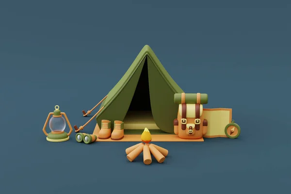 Campingausrüstung Mit Gepäck Karte Laterne Wanderschuhen Fernglas Und Lagerfeuer Auf — Stockfoto