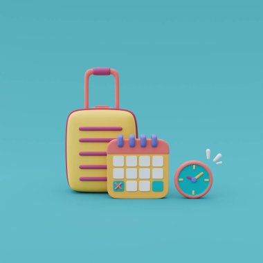 Saati ve takvimi olan sarı bavul, seyahat konsepti, tatil planı, tatil, yolculuk için hazır..