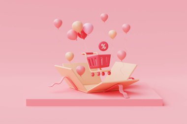 Pastel arka planda alışveriş arabalı 3 boyutlu pembe hediye kutuları, Sevgililer Günü satış konsepti, en az stil..