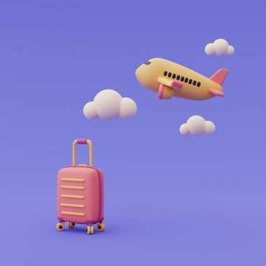 3D bavulların uçak, çevrimiçi seyahat ve turizm planlama konsepti, tatil tatili, seyahate hazır.