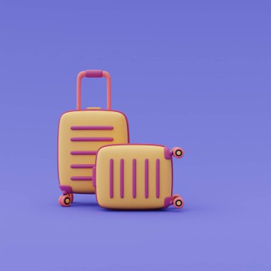 3D sarı valizler, online seyahat ve turizm planlama konsepti, tatil tatili, seyahate hazır..