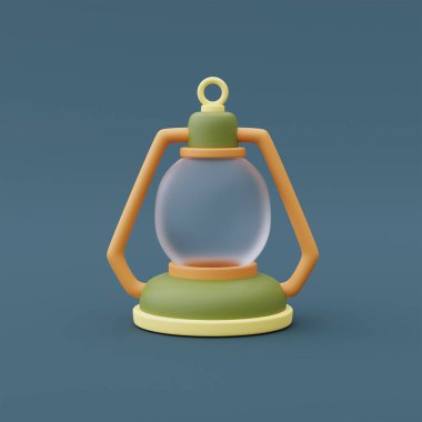 Mavi arka planda 3D fener, kamp ekipmanları, tatil tatili konsepti. En az 3D biçimlendirme.