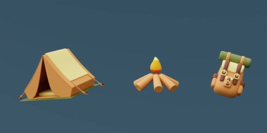 Mavi arka planda izole edilmiş çadır, bagaj ve şenlik ateşine sahip kamp malzemeleri seti, tatil tatili konsepti. En az 3D tasarım..