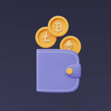 Altın Bitcoin, Ethereum, Litecoin sikkeleri, Kripto para birimi işlemleri, engelleme teknolojisi hizmetleri, minimal biçim 3D görüntüleme.