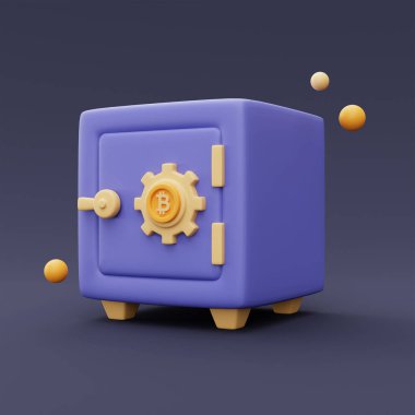 kapalı mor kasa izole, Kripto para birimi koruma konsepti, minimal biçim 3D oluşturma.