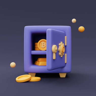 Bitcoin sembolü ve altın külçeli altın sikkeler açık kasa, kripto para koruma konsepti, minimal biçim 3D oluşturma.