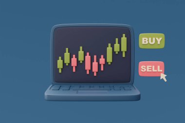 Bilgisayar ekranında SELL ve BUY, borsa, Forex, çevrimiçi ticaret konsepti, minimal biçim, 3d oluşturma kelimeleriyle kırmızı ve yeşil şamdan ticaret grafiği.
