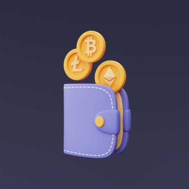 Altın Bitcoin, Ethereum, Litecoin sikkeleri, Kripto para birimi işlemleri, engelleme teknolojisi hizmetleri, minimal biçim 3D görüntüleme.