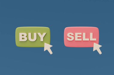 SELL ve BUY seçenekleri mavi arka planda ok, borsa mali istatistikleri, Forex, çevrimiçi ticaret konsepti, minimal biçim, 3d oluşturma.