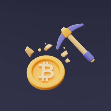 Kazma ve Altın Bitcoin madeni para ile Bitcoin madencilik konsepti, Kripto para, engelleme zinciri teknolojisi, minimal biçim 3D oluşturma.