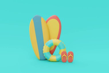 Sörf tahtası ve yaz elementleri ile yaz tatili konseptinin 3D sunumu, en düşük biçim 3D oluşturma.