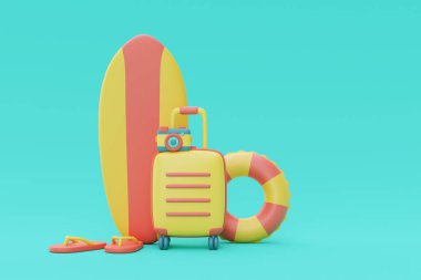Bavul ve yaz elementleri ile yaz tatili konseptinin 3D yorumlanması, en az 3D biçimlendirme.