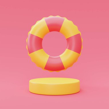 Pembe arka planda izole edilmiş 3D şişme yüzme halkası, yaz tatili konsepti, yaz elementleri, minimal biçim 3D görüntüleme.