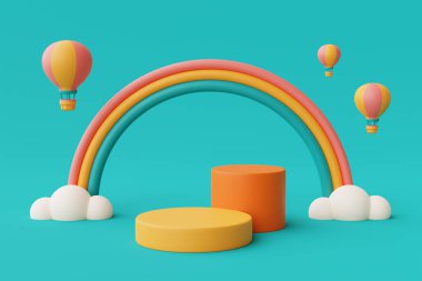 3 boyutlu yaz tatili konsepti, renkli podyum gösterisi sıcak hava balonu, bulutlar ve gökkuşağı, minimal biçim 3D görüntüleme.