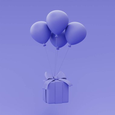 3D mor hediye kutusu ve balon yalıtılmış, kurdele yaylı mevcut kutu, minimum stil, 3D görüntüleme