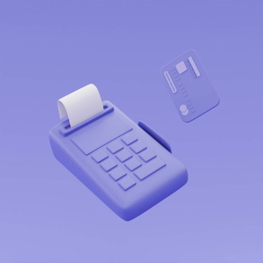 3D kredi kartı okuyucu, yazar kasa, online alışveriş konsepti, minimal stil, 3D görüntüleme.