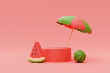 3D karpuz işlemesi kırmızı arka planda podyum görüntüsü, yaz tatili konsepti, yaz elementleri, minimal biçim 3D görüntüleme.