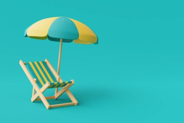 Plaj sandalyesi ve şemsiyesi mavi arka planda izole edilmiş 3D yaz tatili konsepti..