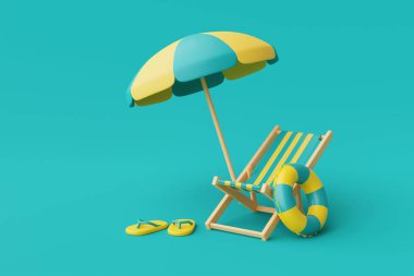 Plaj sandalyesi, şemsiye ve yaz elementlerinin mavi arka planda izole edildiği 3D yaz tatili konsepti, minimal biçim 3D görüntüleme.