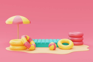 Yaz tatili konseptinin 3D görüntülenmesi, Mavi şişme yüzme halkası ve yaz elementleri ile en düşük biçim 3D görüntüleme.