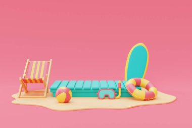 Yaz tatili konseptinin 3D görüntülenmesi, plaj sandalyeleri ve renkli yaz unsurları ile mavi maket..