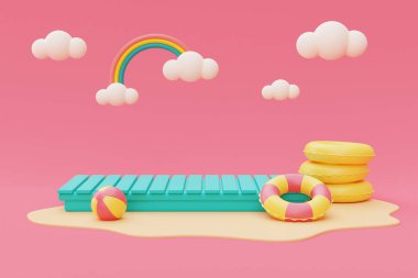 Yaz tatili konseptinin 3D görüntülenmesi, Mavi şişme yüzme halkası ve yaz elementleri ile en düşük biçim 3D görüntüleme.