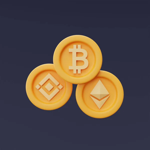 Bitcoin Ethereum Binanceと黄金の暗号通貨コインのセットは 暗い背景 ブロックチェーン技術 最小限のスタイルで隔離されています 3Dレンダリング — ストック写真
