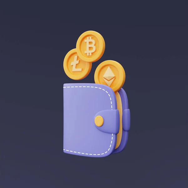Крипто Кошелек Золотыми Биткойнами Ethereum Монетами Litecoin Криптовалютными Транзакциями Технологией — стоковое фото