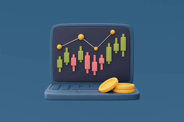 red and green candlestick trade chart on computer laptop screen with coin stack,Stock market financial statistics,Forex,online trading concept,minimal style,3d rendering.