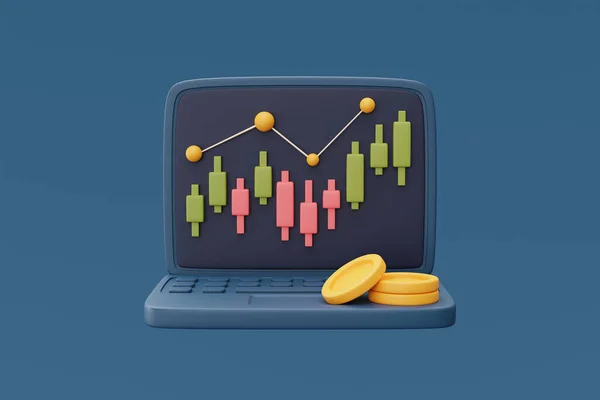 Bilgisayar ekranında madeni para yığını, hisse senedi piyasası mali istatistikleri, Forex, çevrimiçi ticaret konsepti, minimal biçim, 3D görüntüleme içeren kırmızı ve yeşil şamdan ticaret grafiği.