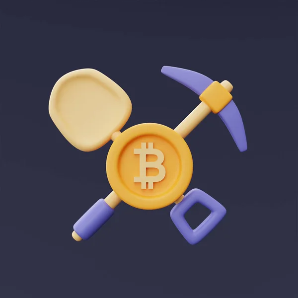 Pickaxe Shovel Goldenビットコイン Cryptocurrency ブロックチェーン技術 最小限のスタイルでBitcoinマイニングの概念 3Dレンダリング — ストック写真