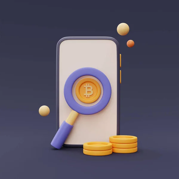 Bitcoin Gruvdrift Koncept Med Förstoringsglas Bitcoin Mynt Och Smartphone Cryptocurrency — Stockfoto